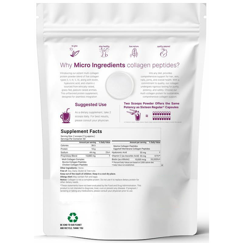 Micro Ingredients Multi Collagen Peptides Powder - Hydrolyzed Protein Peptides (Type I, II,III,V,X) with Hyaluronic Acid,Multi Collagen Peptides Powder