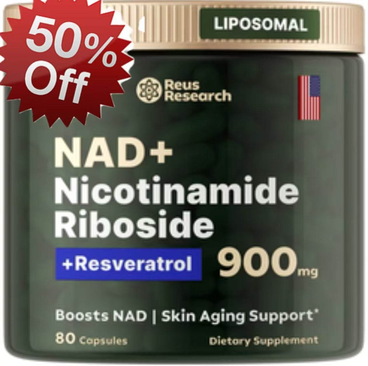Reus Research NR900-NAD+Supplement for Skin Aging Support, Energy, and Focus - 80 Count - Vitamin Healthcare Fitness
