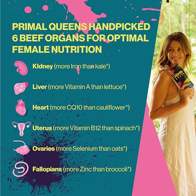 Primal Queen Female-Optimized Beef Organ Superfood Supplement (Beef Liver, Kidney, Heart, & 3 More) - 100% Grass Fed, Pasture Raised Cattle - Balance Hormones, Energy, & More for Women